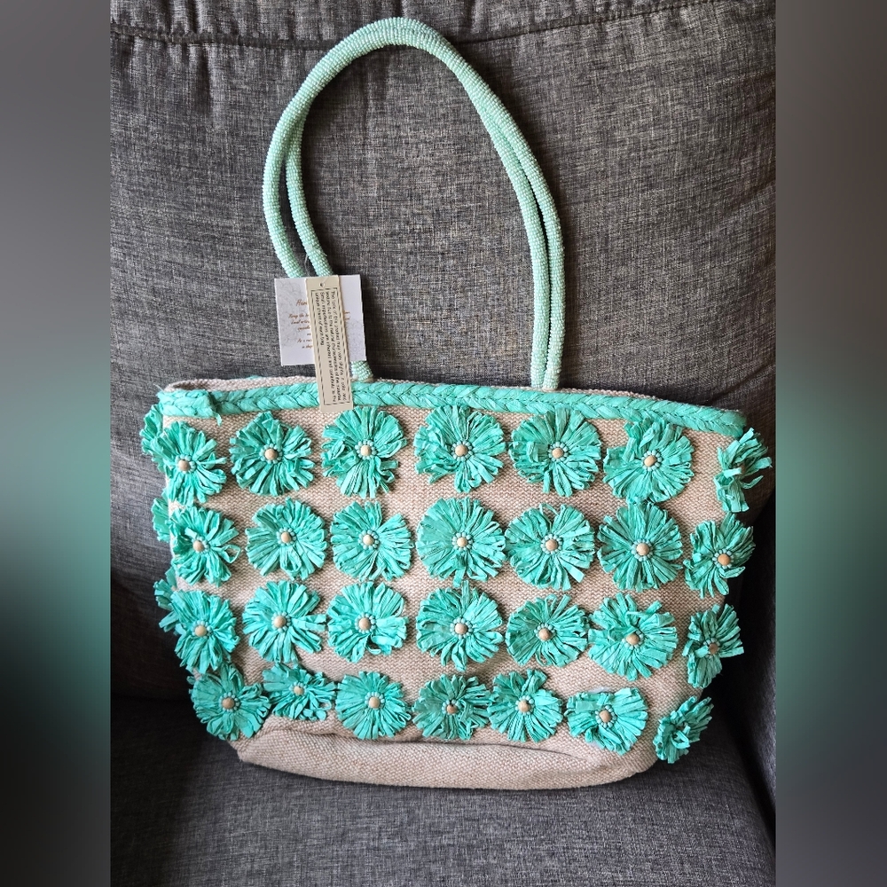 Floral Appliqué Straw Tote Bag Handcrafted In India